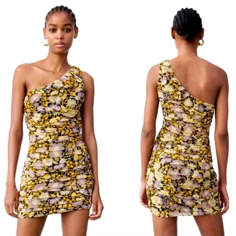 Zara Black Floral One Shoulder Ruched Cocktail Mini Dress